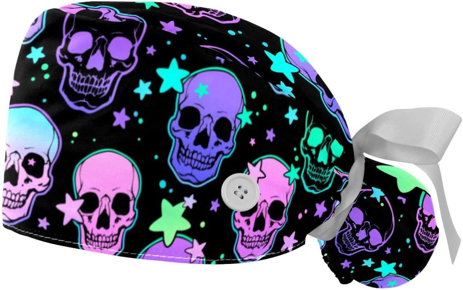 2 Pack Surgical Cap with Button Sweatband, Neon Skulls Stars Working Cap Ponytail Holder for Women Long Hair
