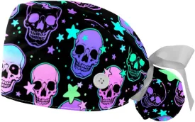 2 Pack Surgical Cap with Button Sweatband, Neon Skulls Stars Working Cap Ponytail Holder for Women Long Hair