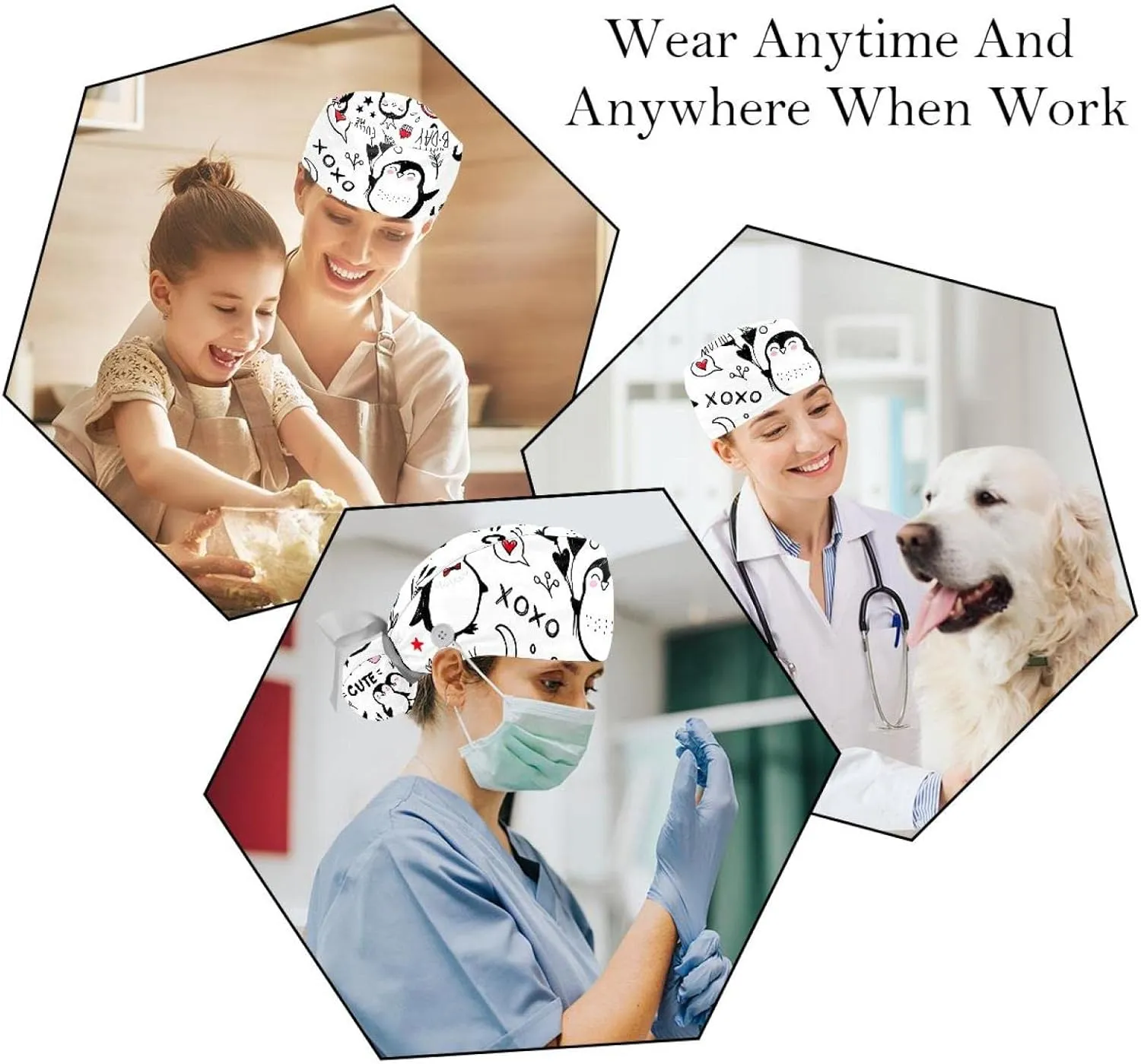 2 Pcs Working Cap with Buttons Sweatband Cute Bear Ribbon Tie Back Bouffant Hats