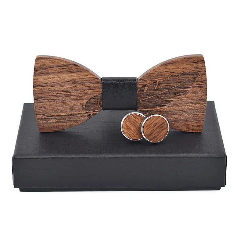 2Pcs Men's Feather Engraving Wooden Bow Tie Set