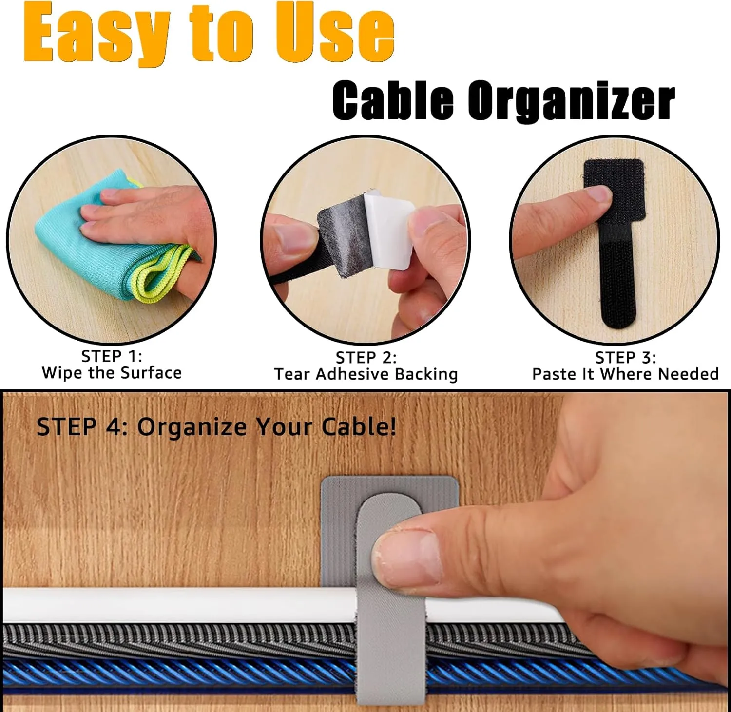 80PCS Hook and Loop Cable Straps, Cable Management Under Desk, Self Adhesive Cable Ties, Reusable Wire Organizers for Cords, Adjustable Cord Organizers for Desk, Home Office Essentials, White