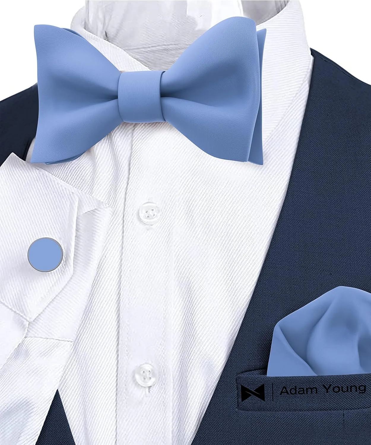 Adam Young Men's Self Tie Bow Tie Sets w/Pocket Squares & Cufflinks Sami-Glossy Satin Classy Bowtie for Tuxedo Faux Silk