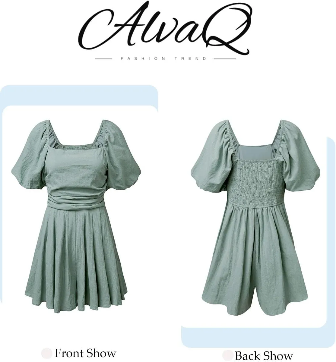 AlvaQ Womens Summer Cute Puff Sleeve Elastic Square Neck Mini Short Romper with Pockets