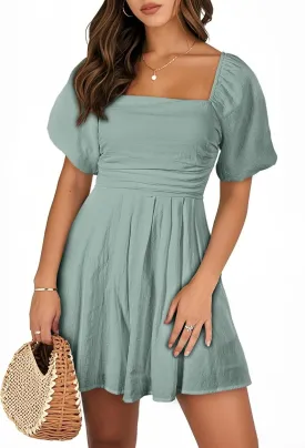 AlvaQ Womens Summer Cute Puff Sleeve Elastic Square Neck Mini Short Romper with Pockets
