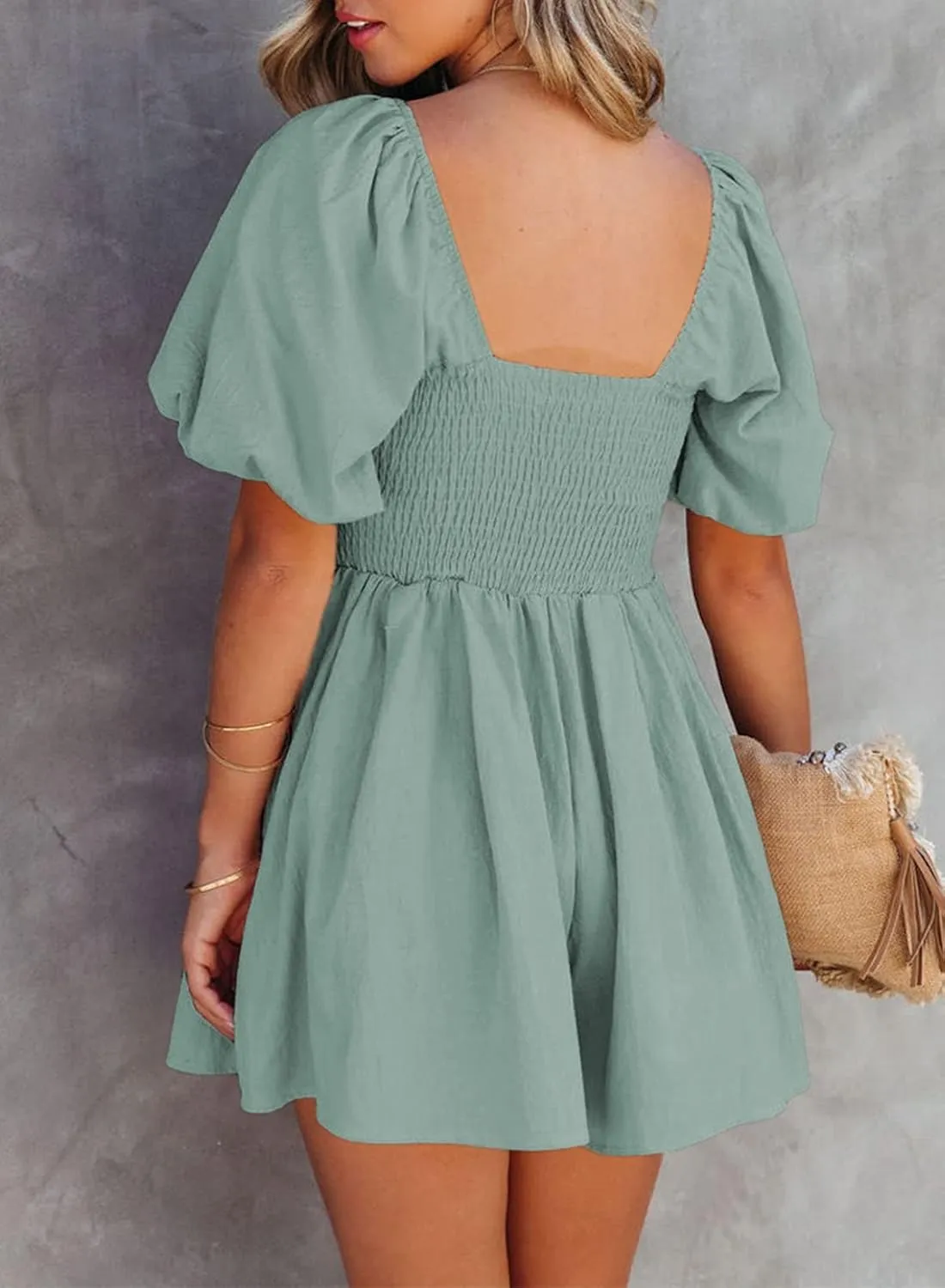 AlvaQ Womens Summer Cute Puff Sleeve Elastic Square Neck Mini Short Romper with Pockets