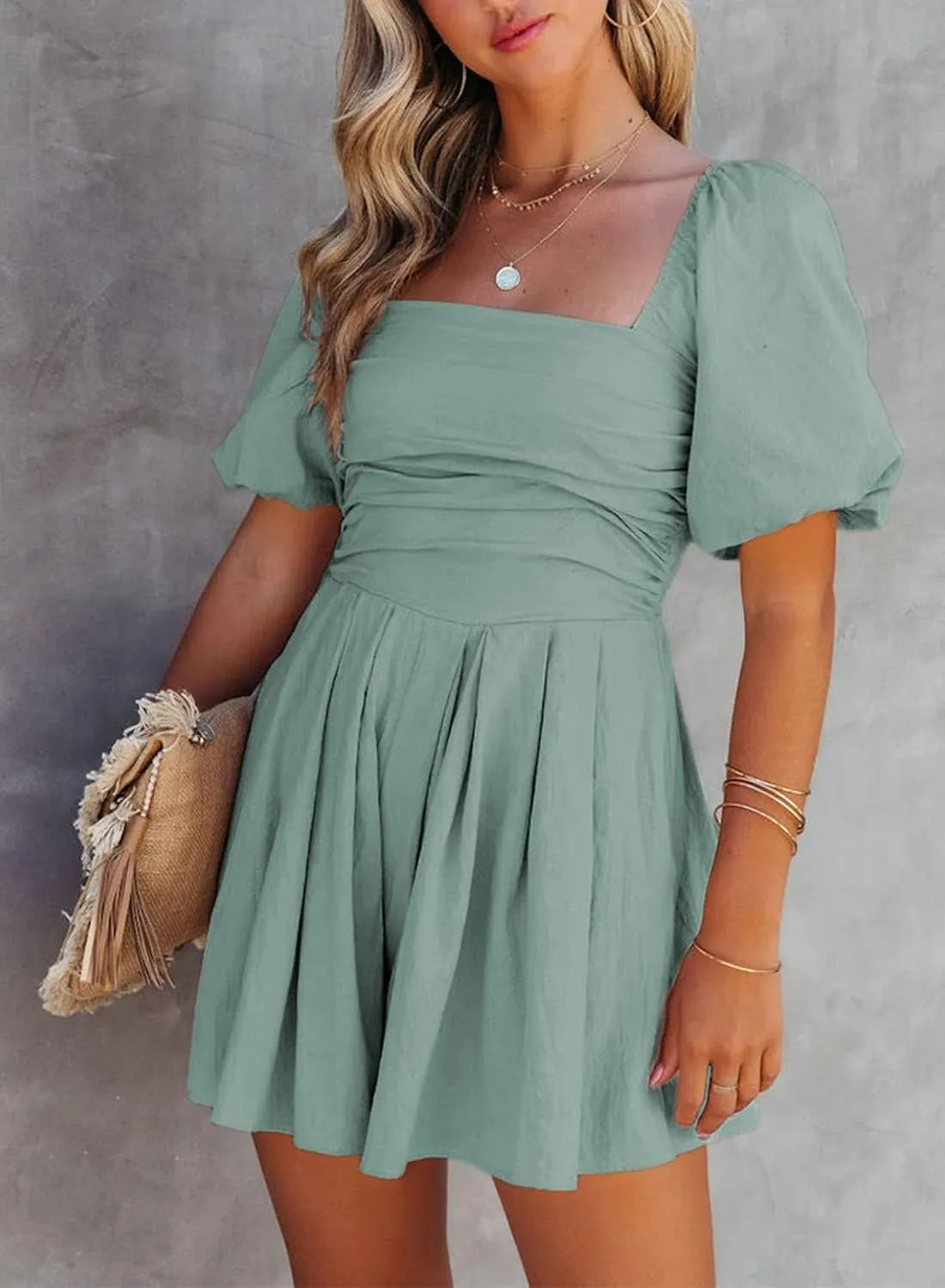 AlvaQ Womens Summer Cute Puff Sleeve Elastic Square Neck Mini Short Romper with Pockets