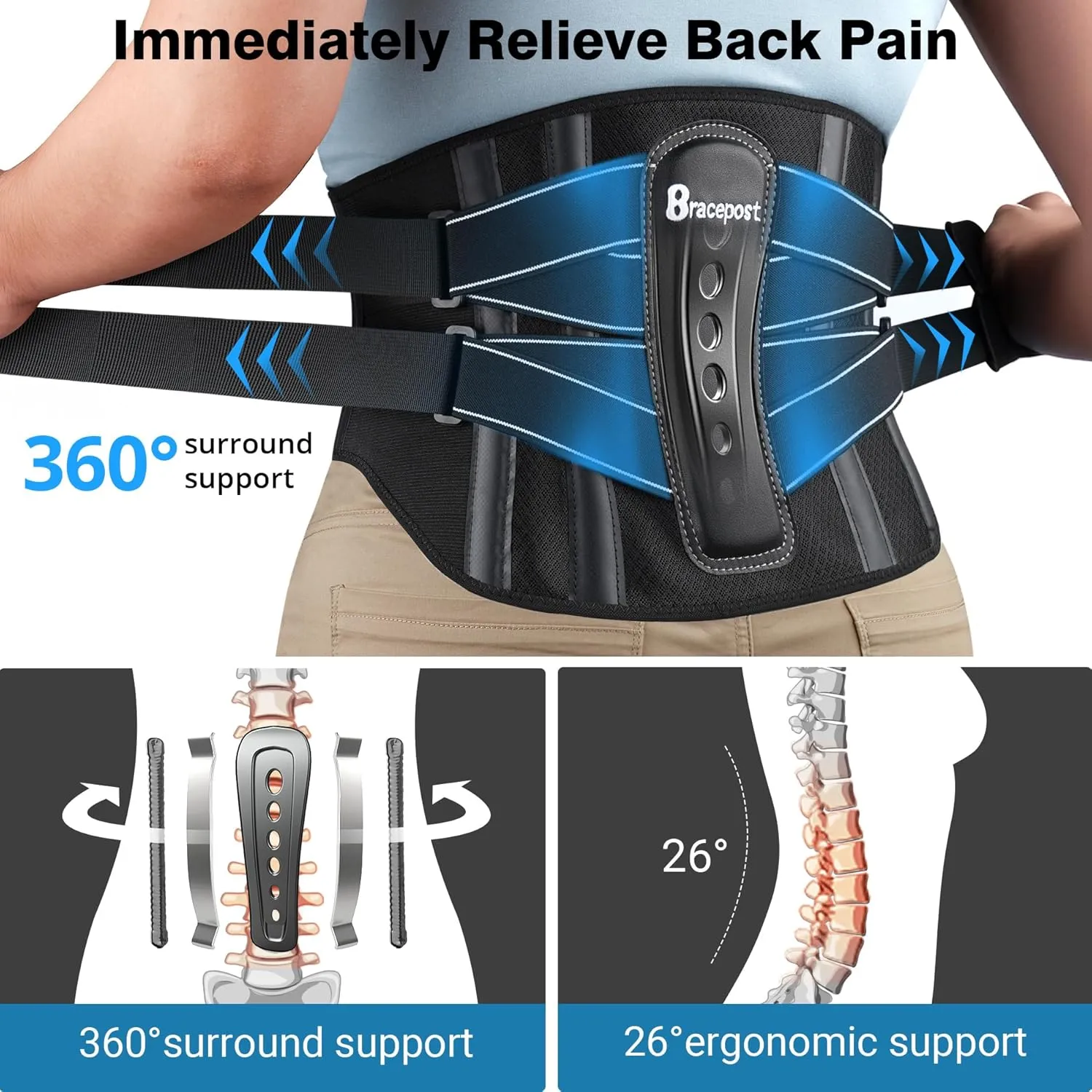 Back Brace For Lower Back Pain Women Men With 360Support & Hot/Cold Compress,Breathable Back Support Belt With 3D Pad,Adjustable Back Brace For Sciatica,Herniated Disc,Scoliosis,L