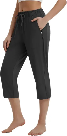 baleaf Womens Yoga Capri Pants with Zipper Pockets Summer Drawstring Capris Joggers Lounge Crop 19"
