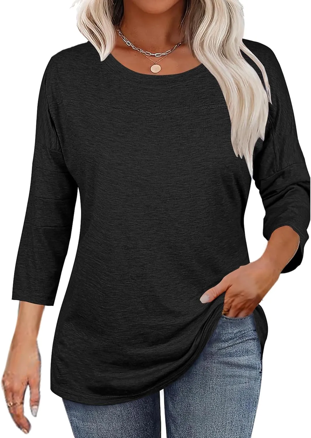 Bluetime Women Round Neck 3/4 Sleeve Tops Casual Loose Tunic Tops Solid Color Summer Fall Basic Shirt Blouses
