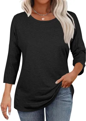 Bluetime Women Round Neck 3/4 Sleeve Tops Casual Loose Tunic Tops Solid Color Summer Fall Basic Shirt Blouses