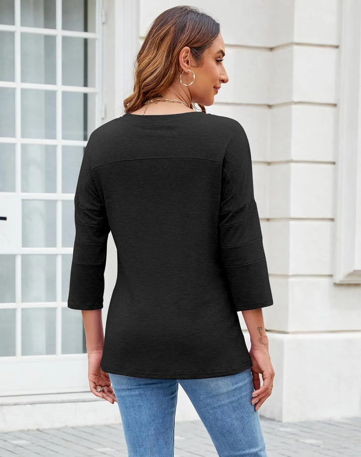 Bluetime Women Round Neck 3/4 Sleeve Tops Casual Loose Tunic Tops Solid Color Summer Fall Basic Shirt Blouses