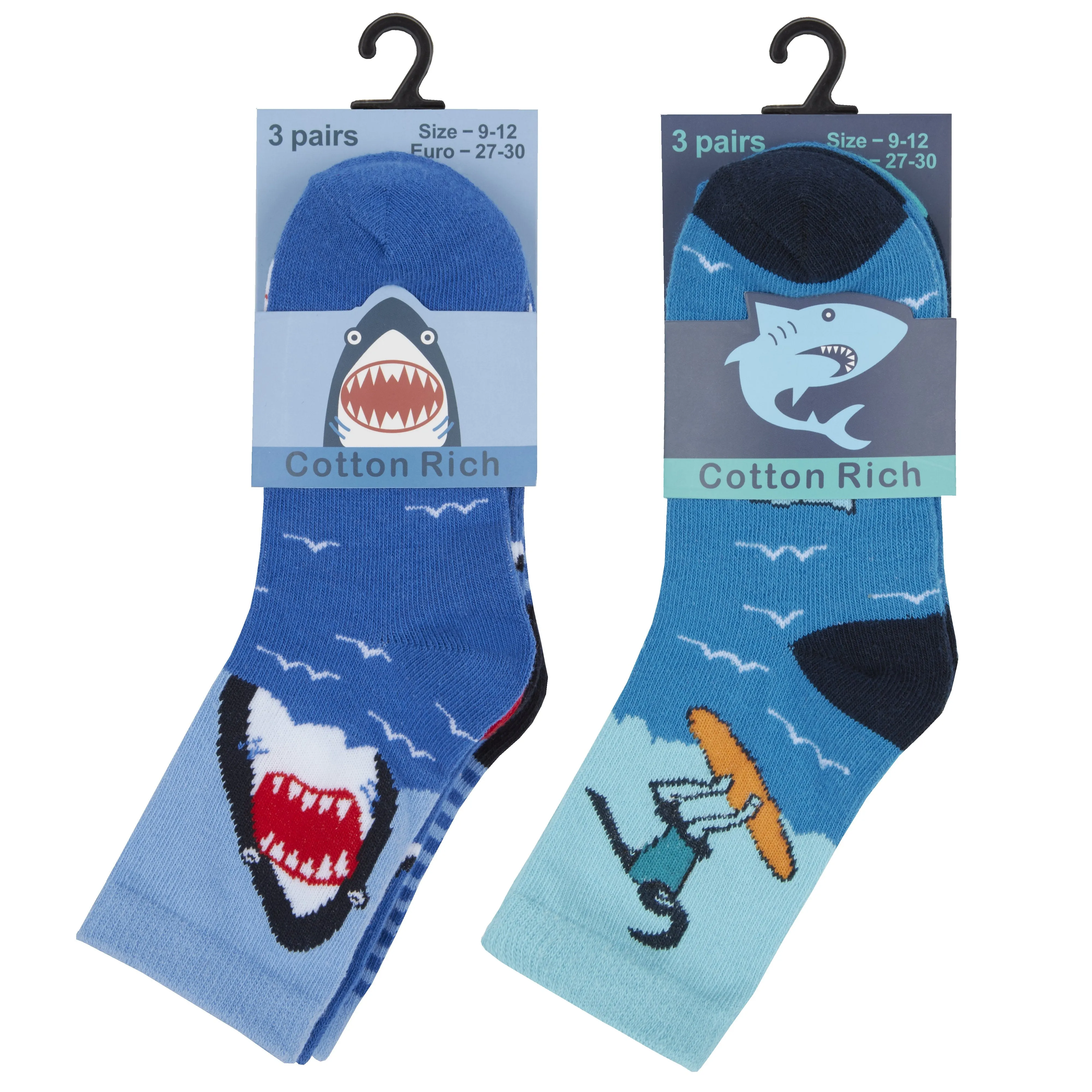 Boys 3 Pack Design Socks - Sharks - (42B571)