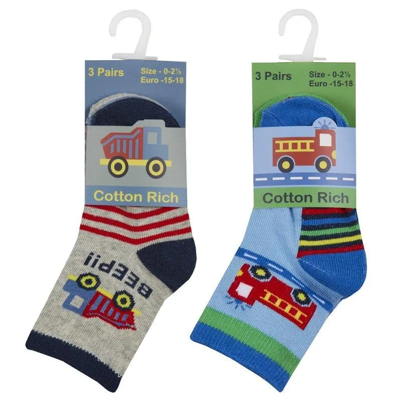 Boys 3pk Cotton Rich Ankle Socks - Cars/Trucks (0-3.5) 44B887
