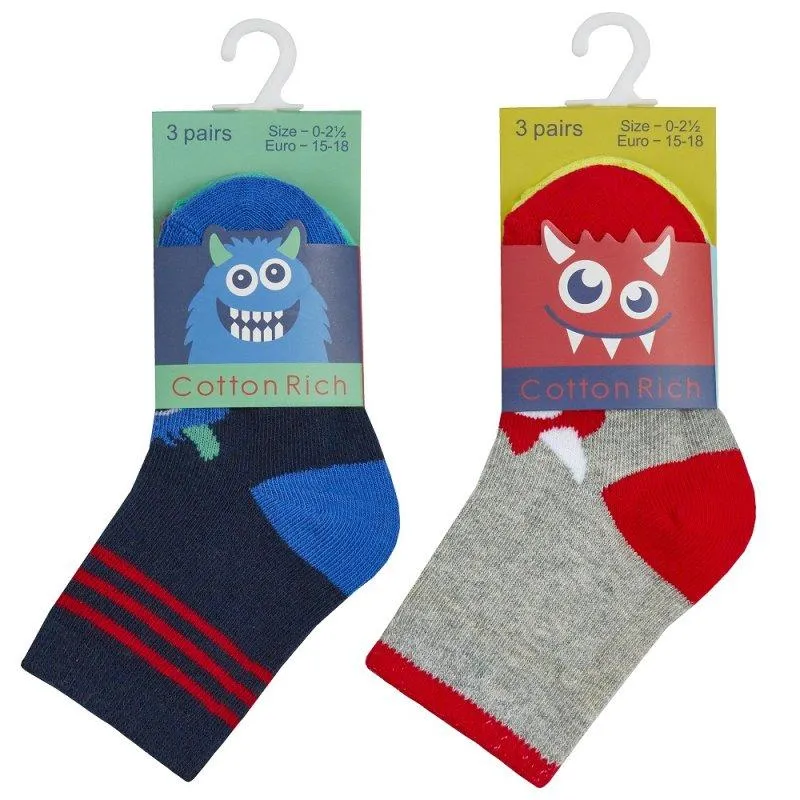 Boys 3pk Cotton Rich Ankle Socks - Monster (0-0) 44B864