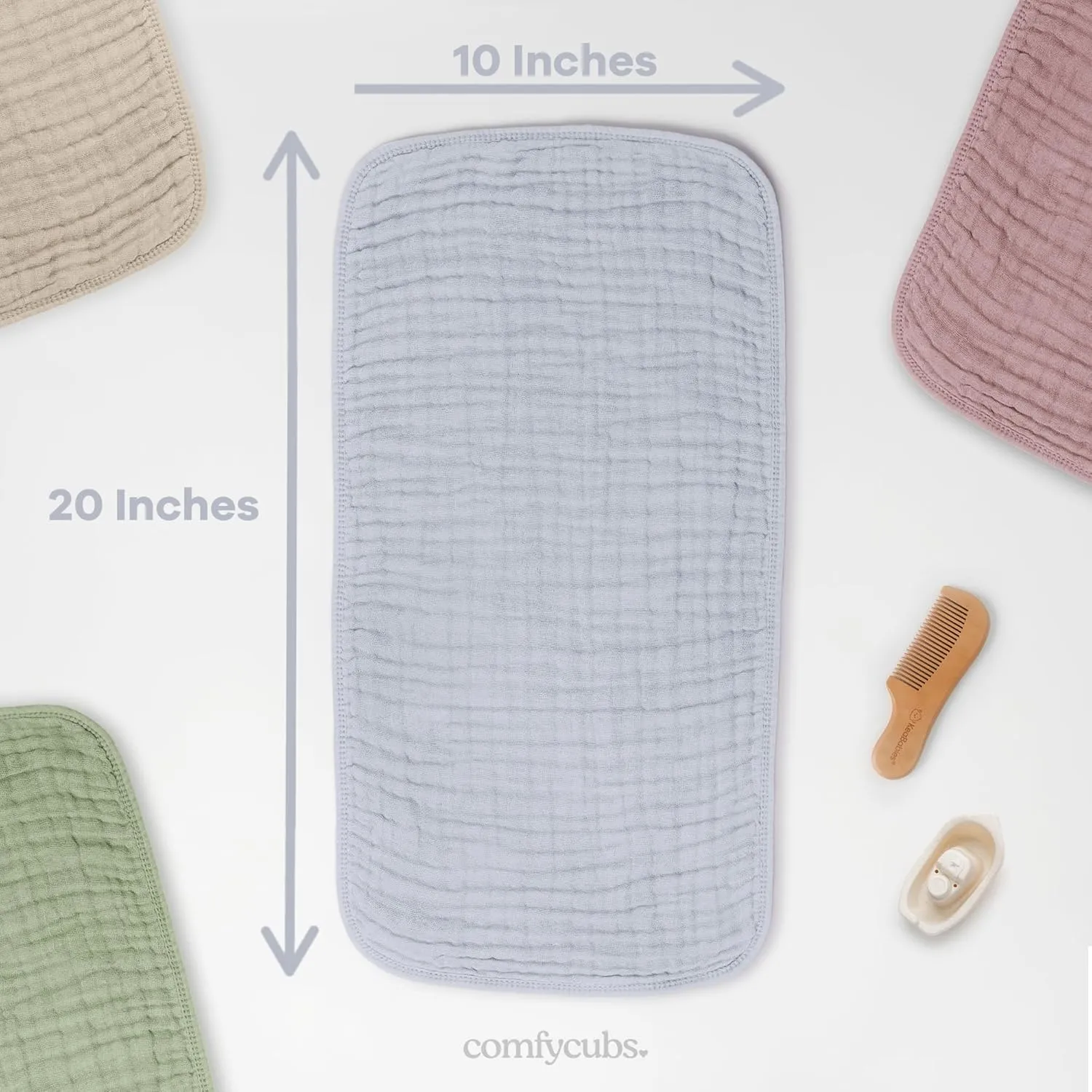 Comfy Cubs Muslin Burp Cloths 20" x 10", Pack of 10 - Large, 6-Layer, Ultra Absorbent 100% Cotton for Baby Drool and Messes - Soft, Safe & Gentle Baby Burp Cloths for Boys & Girls - Slate