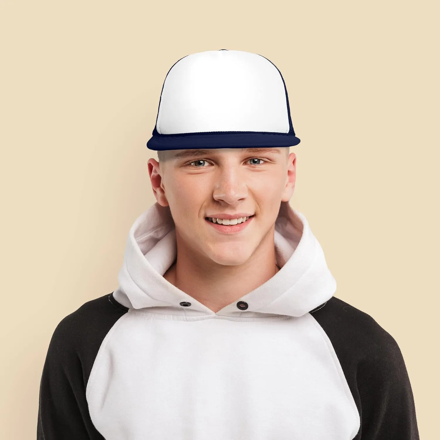 DALIX Flat Billed Trucker Hat Mesh Back S M L Adjustable Cap Solid Two Toned Snapback