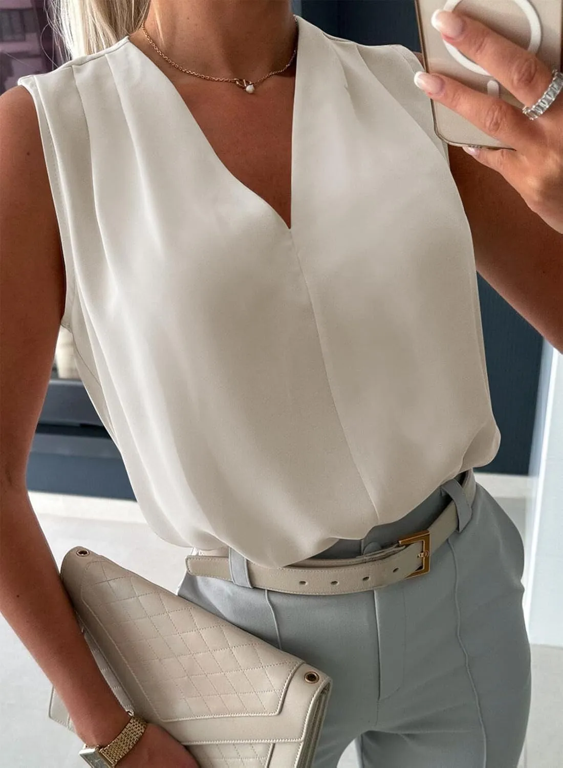 EVALESS Womens Pleated Tank Tops V Neck Casual Sleeveless Blouses Summer Basic Vest Shirt