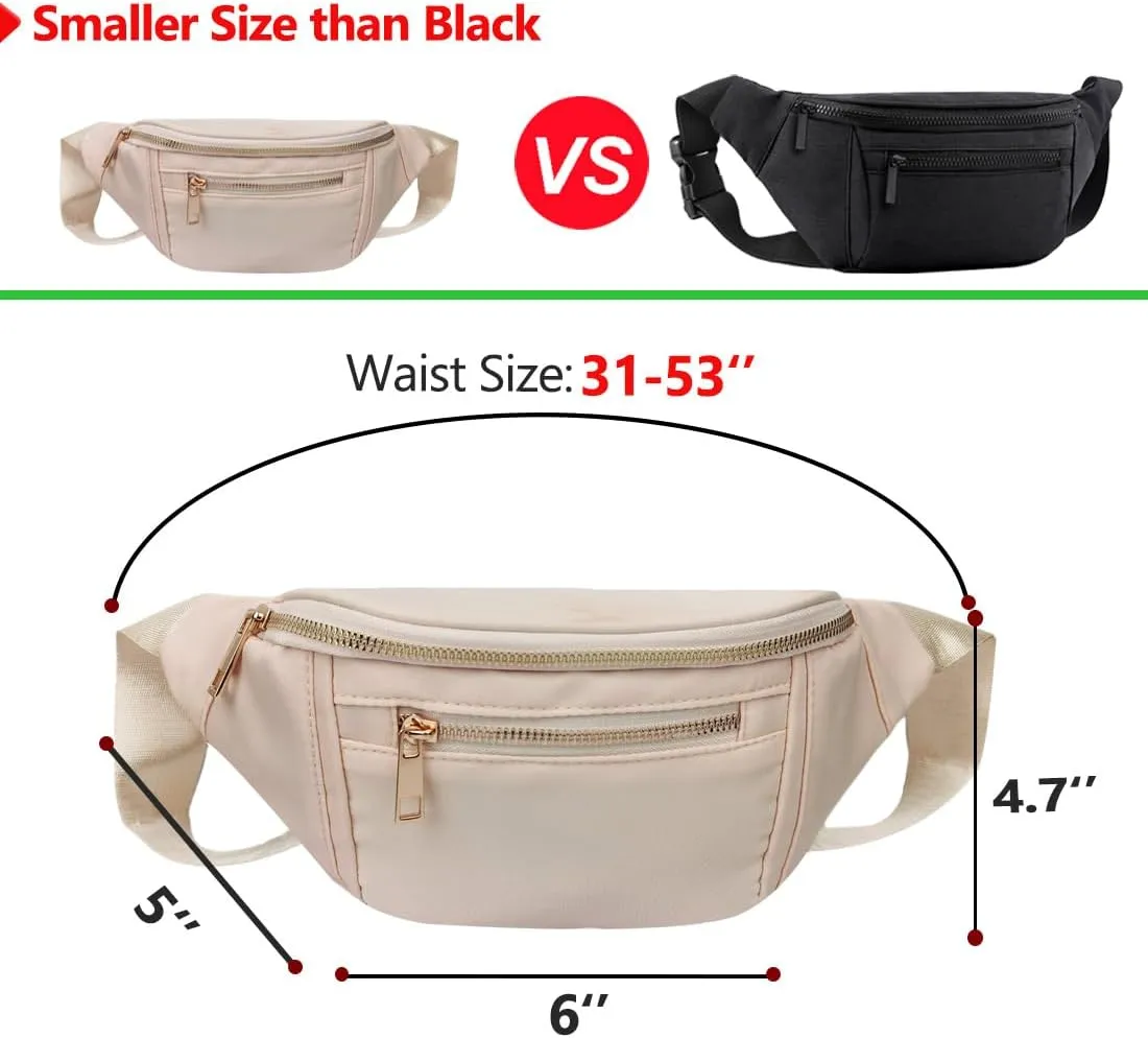 Fashionable Fanny Pack Crossbody for Women,Waist Bag Pack,Belt Bag for Travel Walking Running Hiking Cycling,Easy Carry Any Phone,Wallet (Beige,Gold zipper)