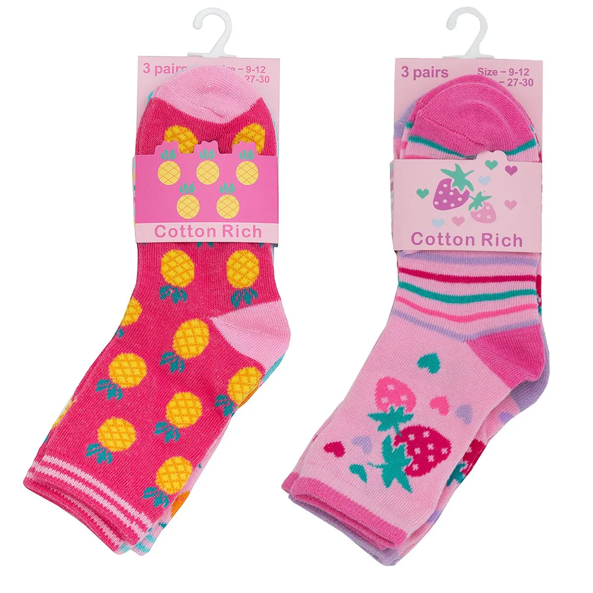 Girls 3 Pack Design Socks - Fruits - (43B499)