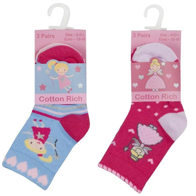 Girls 3pk Cotton Rich Ankle Socks - Fairy (0-3.5) 44B895