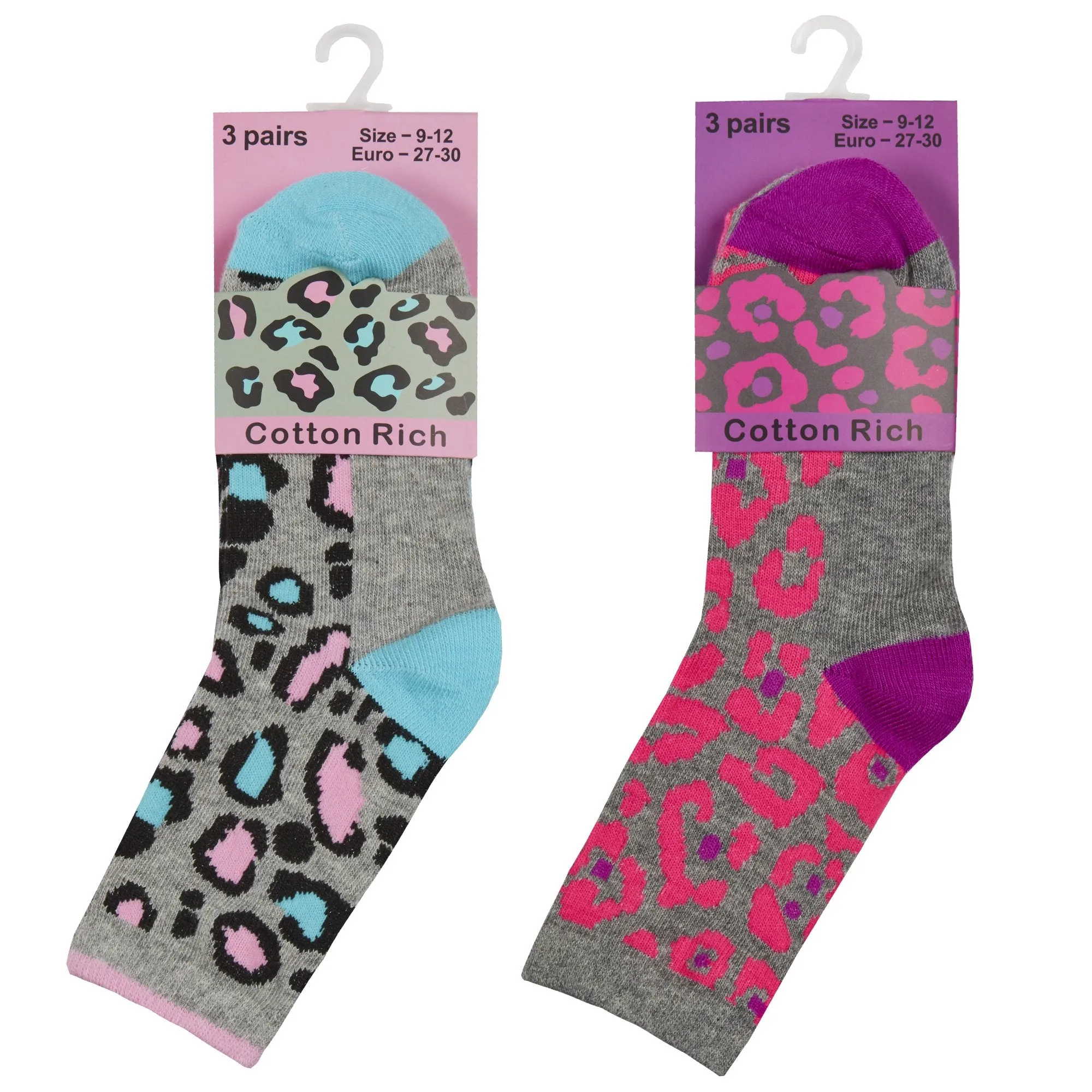 GIRLS 3PK COTTON RICH SOCKS - Leopard (6-3.5 assorted) 43B650