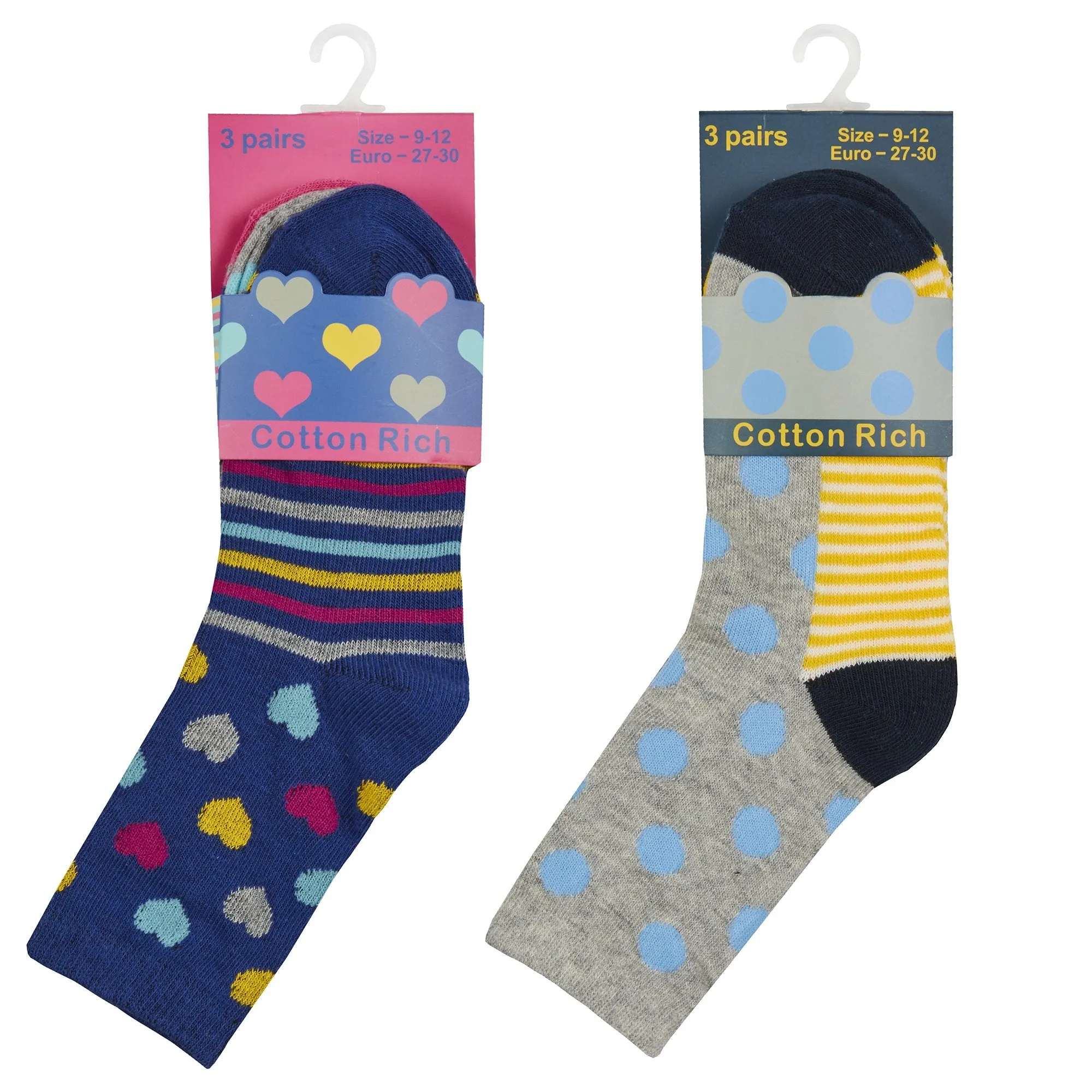 GIRLS 3PK COTTON RICH SOCKS - Polkadots/Hearts (6-3.5 assorted) 43B658