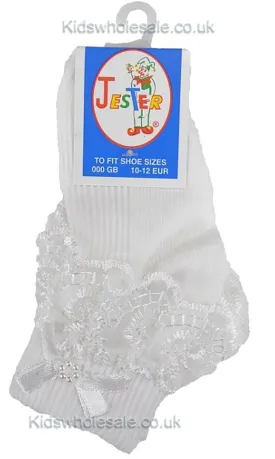 Girls White Jester Frilly Lace Socks-WH