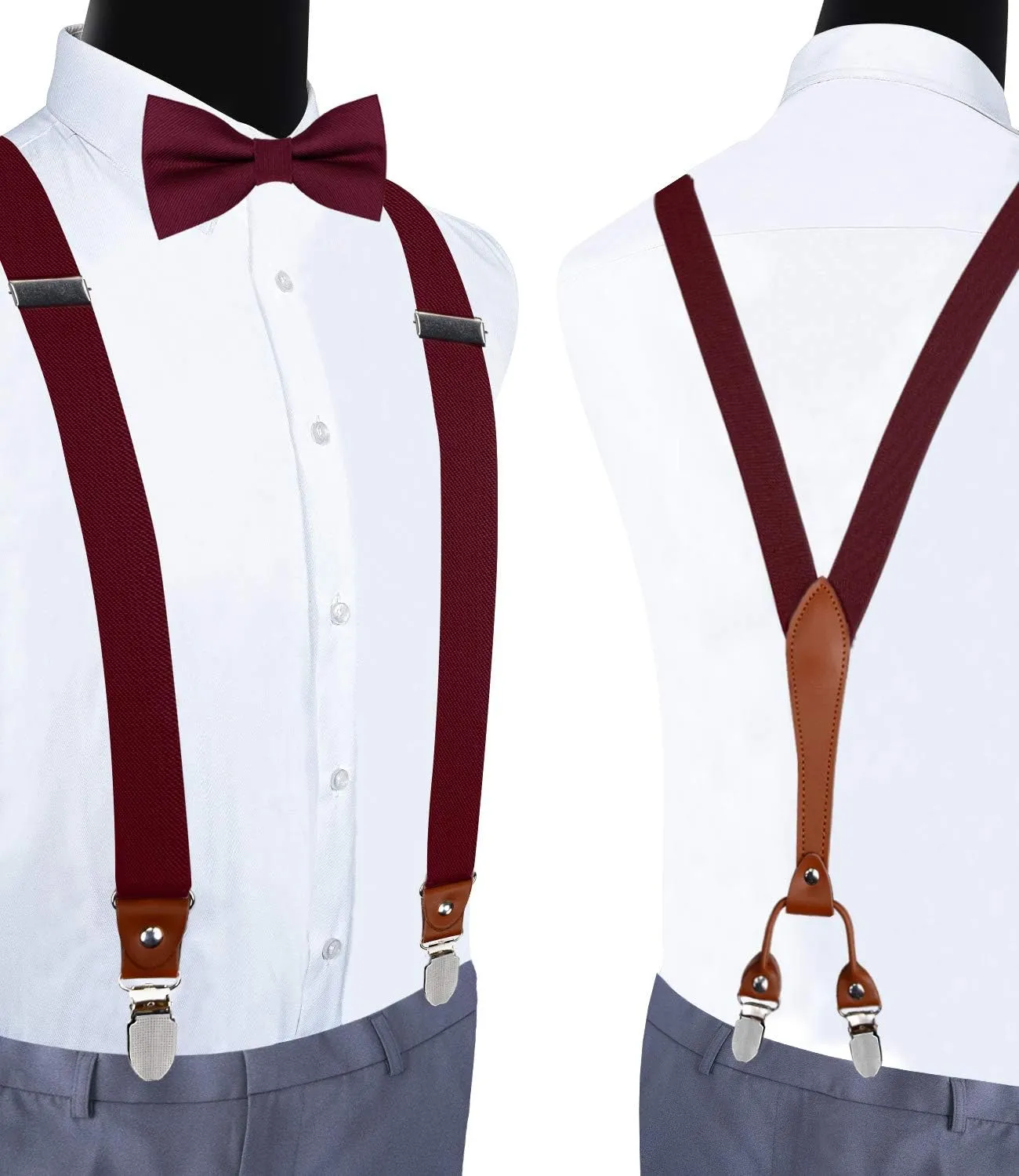 GUSLESON Suspenders & Bowtie Set Men's Elastic Band Suspenders   Bowtie for Wedding, Formal Events