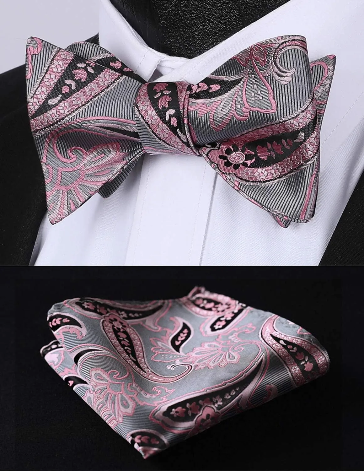 HISDERN Bow Ties for Men Paisley Bowties Mens Self Tie Bow Tie and Pocket Square Set Formal Tuxedo Wedding Bowtie