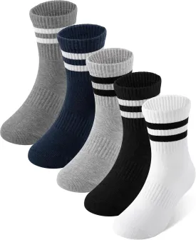 HONGTEYA Kids Socks For Girls Boys Youth Cotton Crew Athletic Seamless Striped Socks School Uniform 4-10 Years 5 Packs