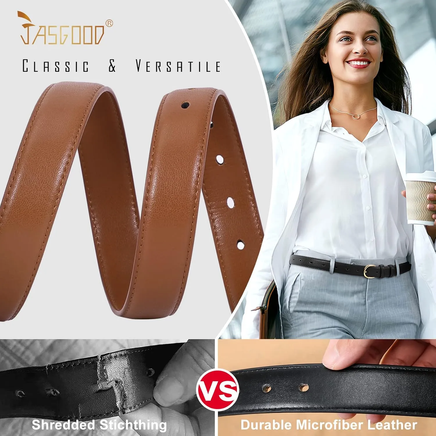 JASGOOD Women's Leather Belt Fashion Dress Belt with Gold Buckle for Ladies Jeans Pants