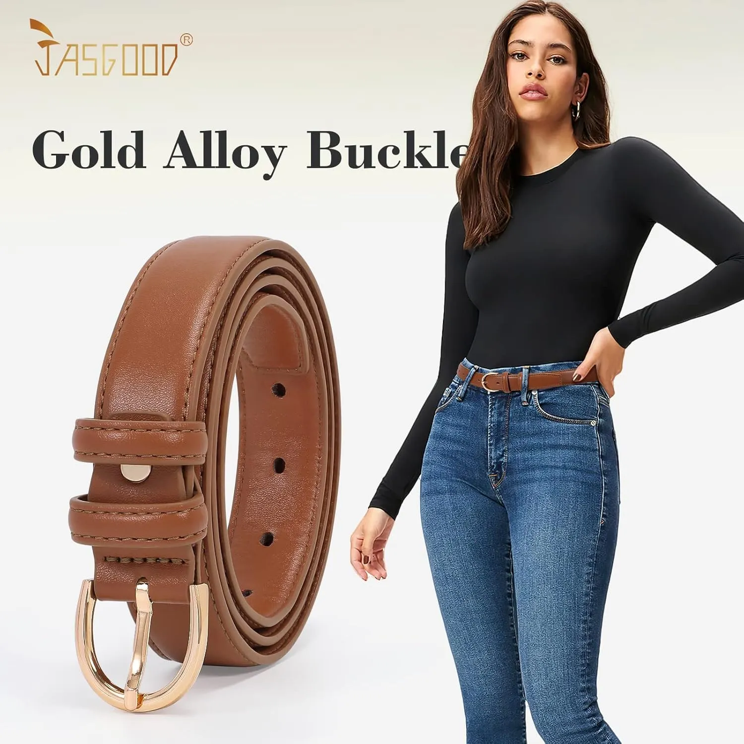 JASGOOD Women's Leather Belt Fashion Dress Belt with Gold Buckle for Ladies Jeans Pants