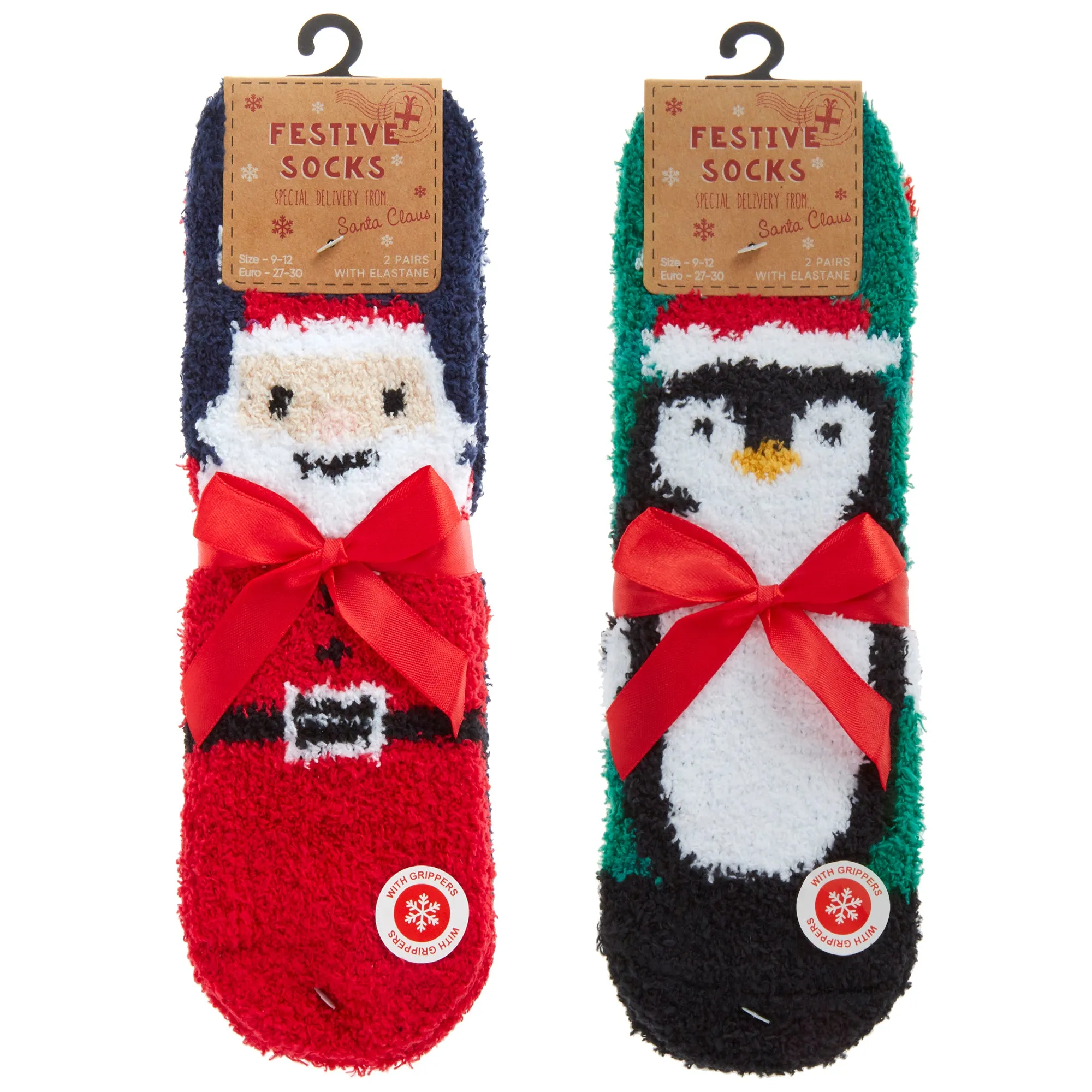 KIDS 2 PACK CHRISTMAS COSY SOCKS W/GRIP (ASSORTED SIZES) 42B777