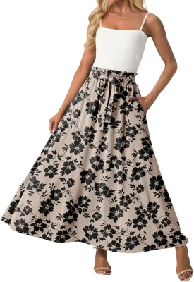 Lepunuo Womens Maxi Skirts Casual Boho Elastic High Waisted Flowy Long Skirts Trendy Floral Cute Skirts with Pockets