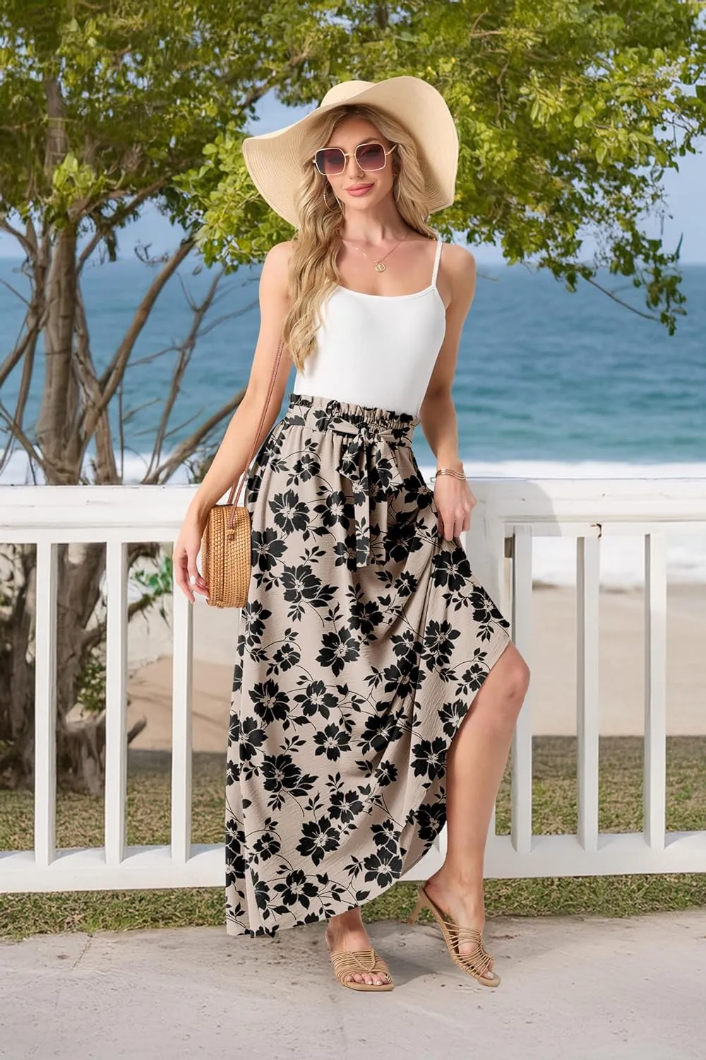 Lepunuo Womens Maxi Skirts Casual Boho Elastic High Waisted Flowy Long Skirts Trendy Floral Cute Skirts with Pockets