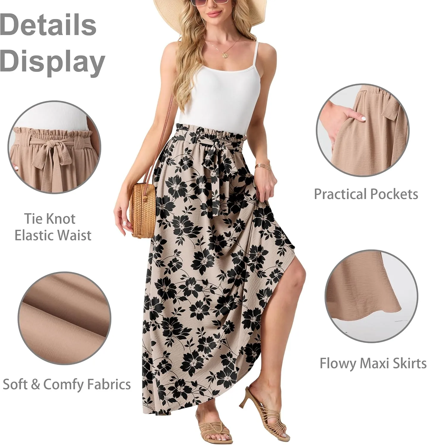 Lepunuo Womens Maxi Skirts Casual Boho Elastic High Waisted Flowy Long Skirts Trendy Floral Cute Skirts with Pockets
