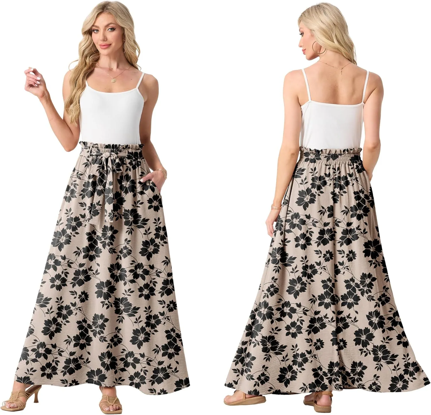 Lepunuo Womens Maxi Skirts Casual Boho Elastic High Waisted Flowy Long Skirts Trendy Floral Cute Skirts with Pockets
