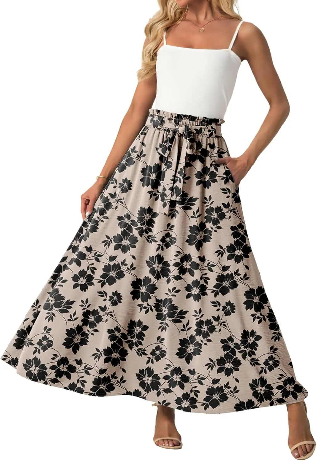 Lepunuo Womens Maxi Skirts Casual Boho Elastic High Waisted Flowy Long Skirts Trendy Floral Cute Skirts with Pockets