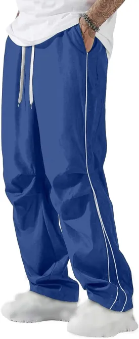Men's Casual Drawstring Parachute Pants Baggy Elastic Waist Pants Side Stripes Athletic Loose Tousers with Pockets