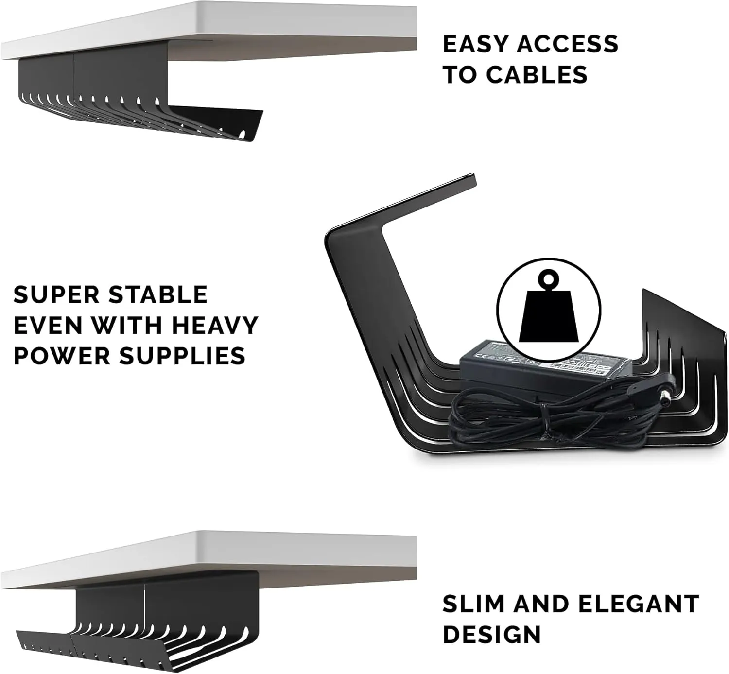 PAMO Cable Management Under Desk for Easy mounting Under-Table I Set of 2 - with 10X Cable Ties I Desk Organizer for Office/Home Office Table Thoughtful Cable Tray Holder
