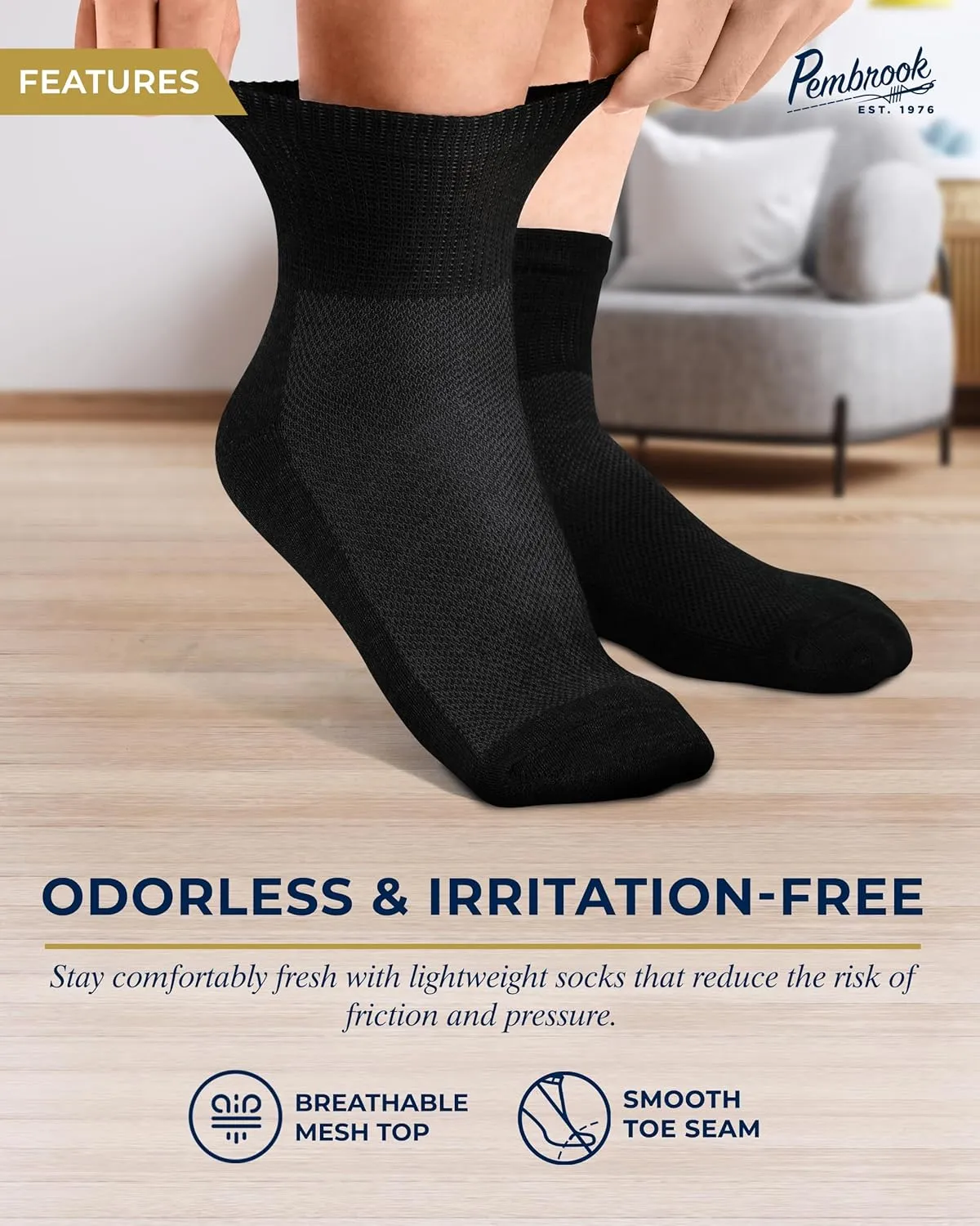 Pembrook Ankle Diabetic Socks for Women & Men | 6 Pairs | Wide Non Binding Socks Quarter Length | Edema Neuropathy Socks