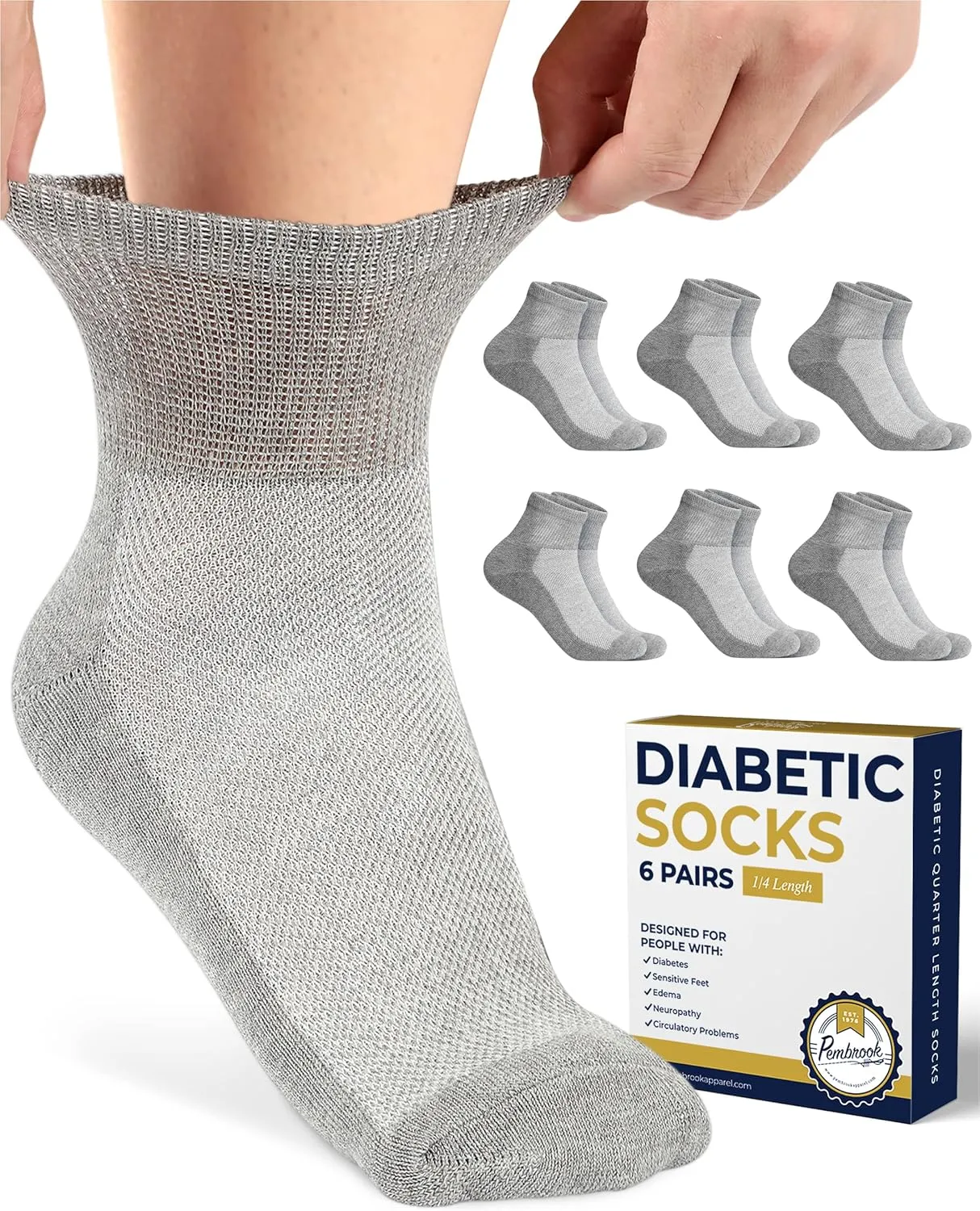 Pembrook Ankle Diabetic Socks for Women & Men | 6 Pairs | Wide Non Binding Socks Quarter Length | Edema Neuropathy Socks