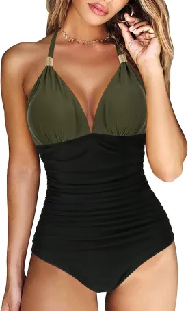 RXRXCOCO Women V Neck One Piece Swimsuits Tummy Control Ruched Swimwear Halter Bathing Suit