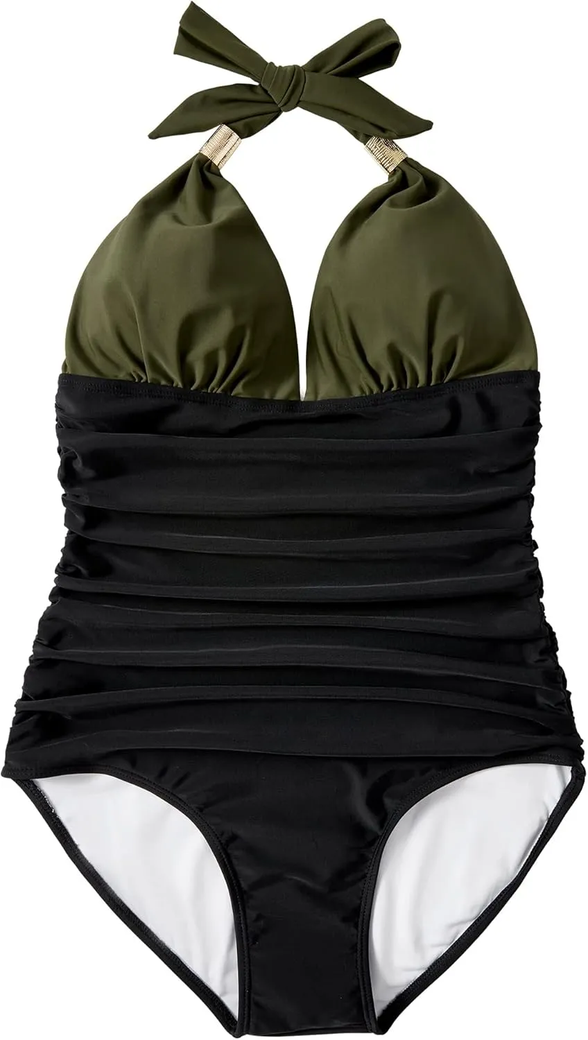RXRXCOCO Women V Neck One Piece Swimsuits Tummy Control Ruched Swimwear Halter Bathing Suit