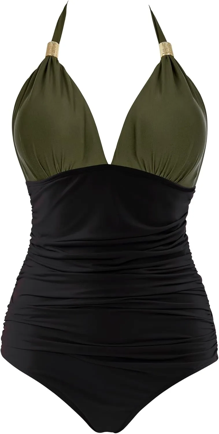 RXRXCOCO Women V Neck One Piece Swimsuits Tummy Control Ruched Swimwear Halter Bathing Suit