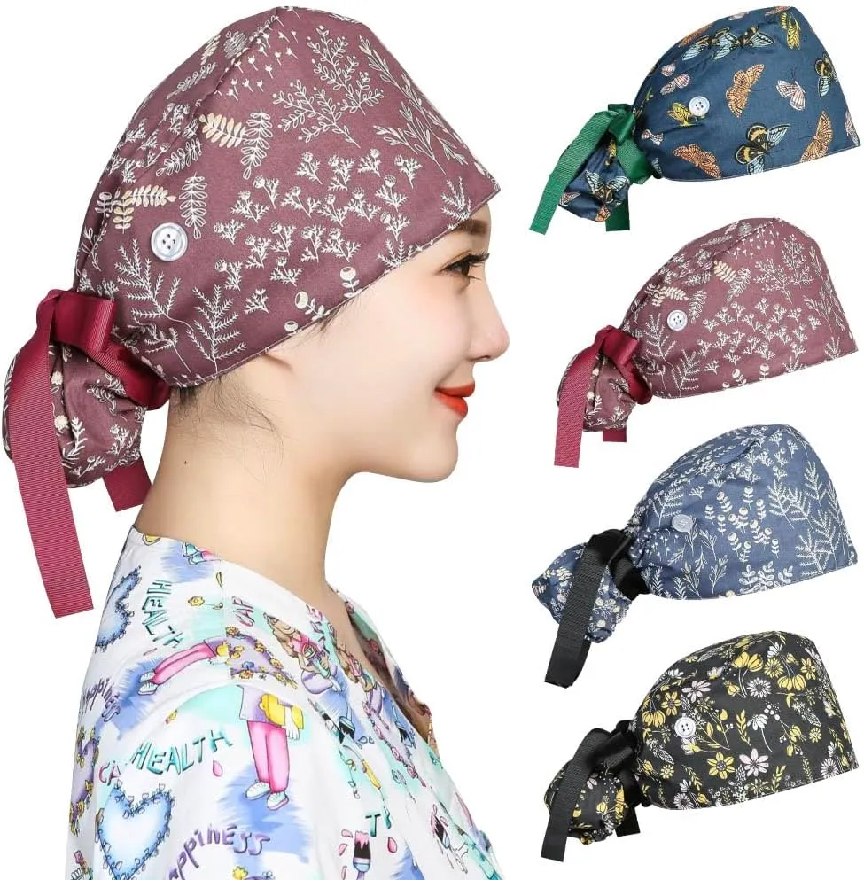 Satin Lined Scrub Caps Women Adjustable Nurse Surgical Hat with Buttons Sweatband Ponytail Working Cap with Tie Back