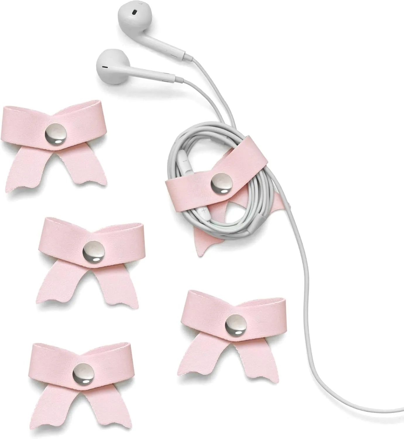 SenseAGE 5 Pack Cord Organizer, Bow Cord Keeper, Cable Organizer USB holder, Leather Cable Management, Cable Straps, Earphone winder, Storage Straps for Electronics, Earbuds, Small, Pink