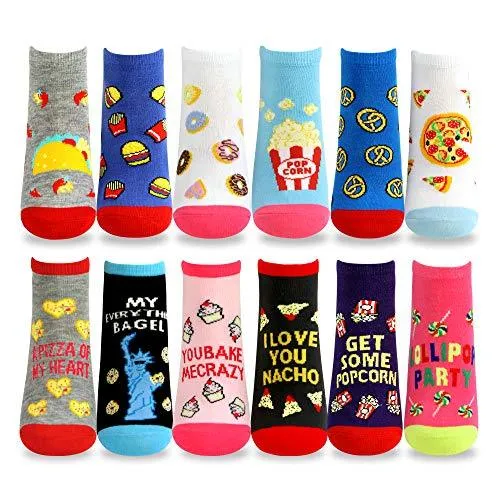 TeeHee Socks Women's Novelty Polyester No Show Food and Letters 12-Pack (N2005)