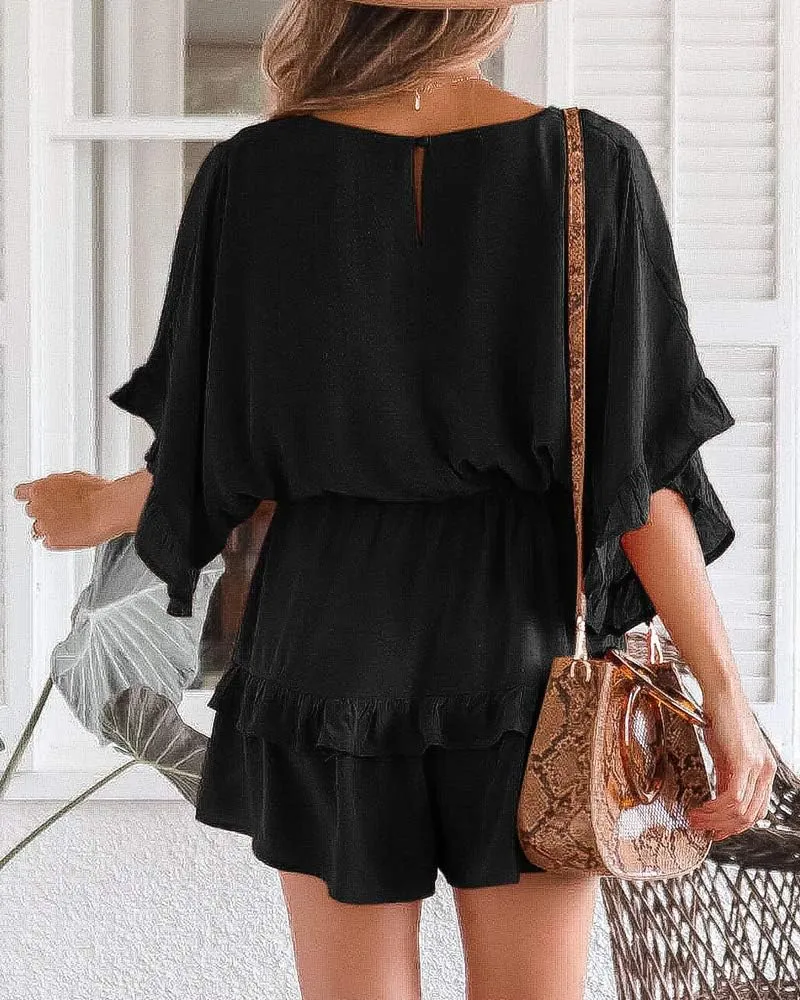 Valphsio Womens V Neck Beach Romper Ruffle Layered Drawstring Waisted Shorts Jumpsuit