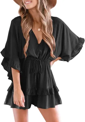 Valphsio Womens V Neck Beach Romper Ruffle Layered Drawstring Waisted Shorts Jumpsuit